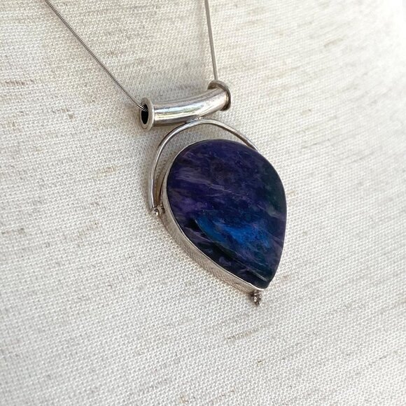 Sterling Silver 925 Teardrop Bezel Set Purple Charoite Pendant Necklace 20" - Picture 7 of 16